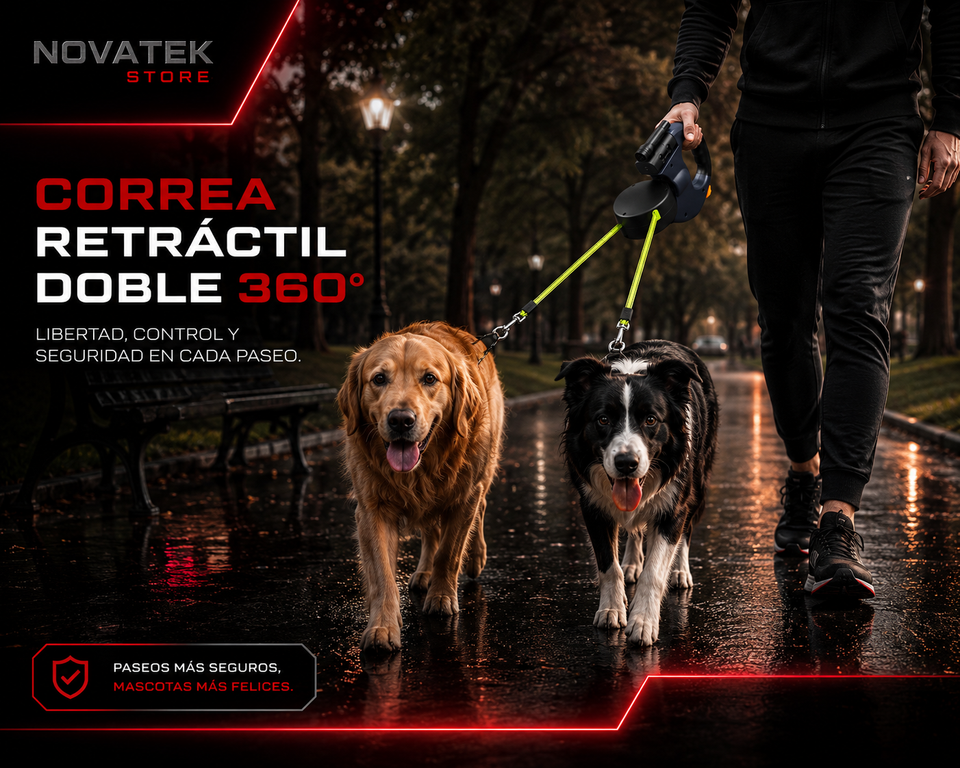 CORREA RETRÁCTIL DOBLE 360° PREMIUM | LUZ LED, DISPENSADOR Y ANTIENREDOS
